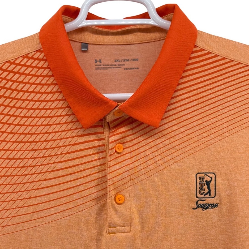 Under Armour TPC Sawgrass Mens 2XL Orange HeatGear Golf Polo Shirt Loose Fit
